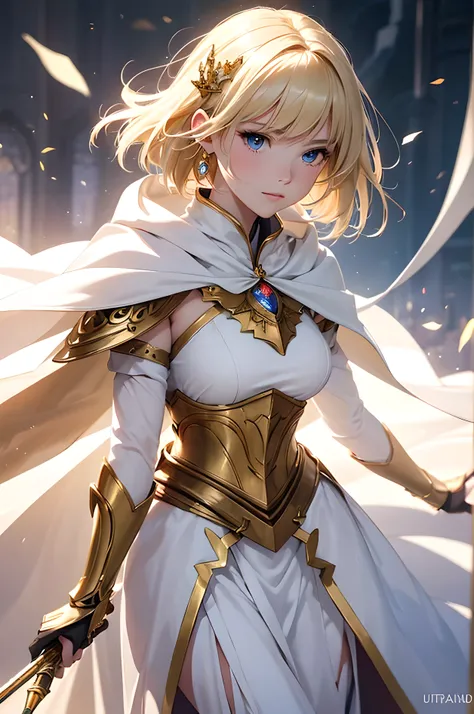 A beautiful woman, Best quality, masterpiece, ultra high resolution, white background, realistic, hadesstyle, retracted from a 16-year-old princess on the battlefield, short blonde hair, amber eyes, Imperial Princess armor, cape, depth of field