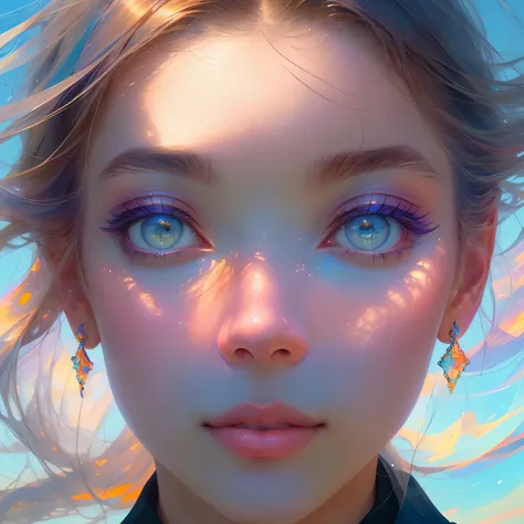 figura feminina flutuante feita de fitas, smoke billowing, in sky, colorido e vibrante, mystical colors, contemporary impressionism, pintura de retrato yanjun cheng, pintura iridescente, Perspective view 3/4, rosto fofo, low-up angle, sweeping circling com...