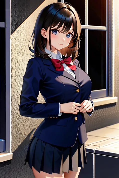 (masterpiece), best quality, high resolution, extremely detailed, detailed background, cinematic lighting, outdoor, 1girl, medium hair, dark hair, medium breasts, school uniform