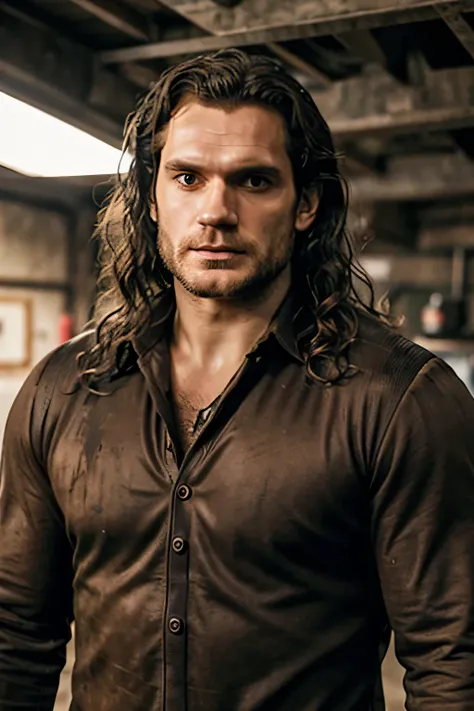 Henry Cavill The Witcher, photo of a man, wear combat clothes, s face, muddy, sweaty, matted hair, hairlong,  hiquality+++, Film grain