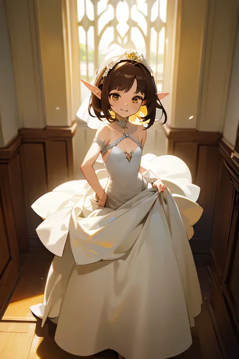 An elf girl with a small body and brown hair, yellow eyes, and a flat chest. She is wearing a white wedding dress and has a extremly happy expression. The girl is standing in a room and looking directly at the viewer. The image should be of absurd resoluti...