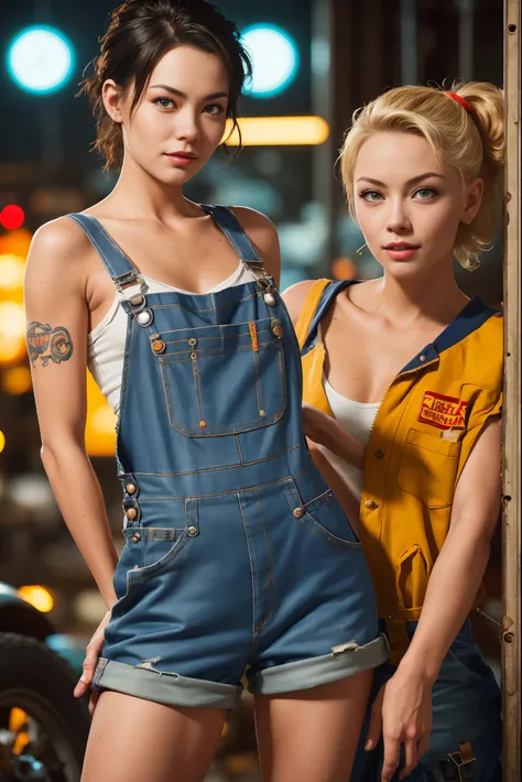 A sexy female mechanic, sexy torn mechanic overalls, pin-up aesthetic, high detail face, high detail skin, 8, HDR, high resolution, photo-realistic, cinematic lighting, depth of field, bokeh, rim lighting, backlit, cool colours, night