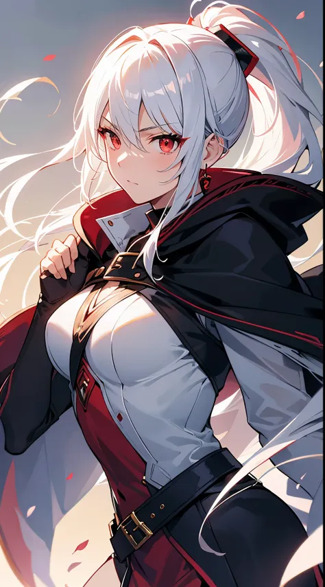 [[[ ultra-detailed, best quality, soft skin, beautiful, 4k]]], portrait, red eyes, white hair, side ponytail ranger, black cloak...