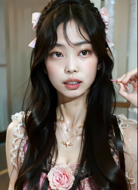 Arafed Asian girl with long hair wearing a pink dress and a rose necklace., ulzzang, Retrato realista kawaii, Joven y adorable rostro coreano, Wan adorable cara coreana, maquillaje popular de Corea del Sur, maquillaje coreano popular, Linda cara de anime n...