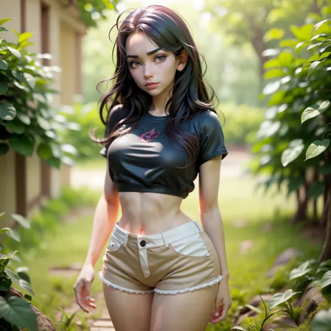 Hermosa mujer joven con cabello rubio largo y ondulado mirando la lente en el frente, Ojos seductores detallados, piernas largas y sexys, Wear small shorts, Camiseta crop top rouge, en el parking de un centro comercial, ((Detailed facial features)), (Piel ...