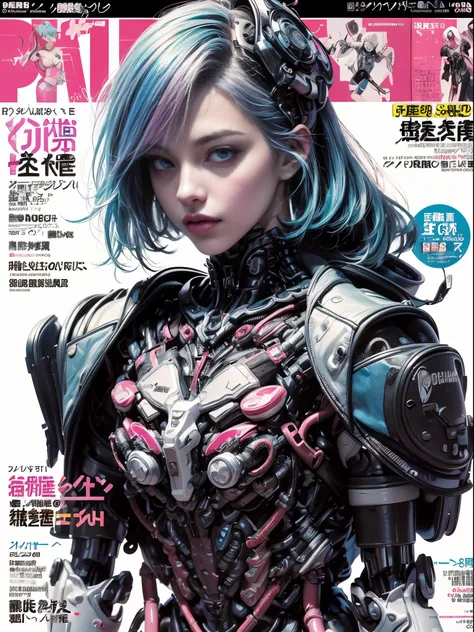 Flowing_contour biomechanical__cybernetic_airbrush___Strange__(((Japanese Harajuku style Fashion_((colorful Magazine_cover))__art_decor_Border)))__porcelain_and_Platinum / Futuristic Cyberpunk woman with porcelain skin, cybernetic implants.