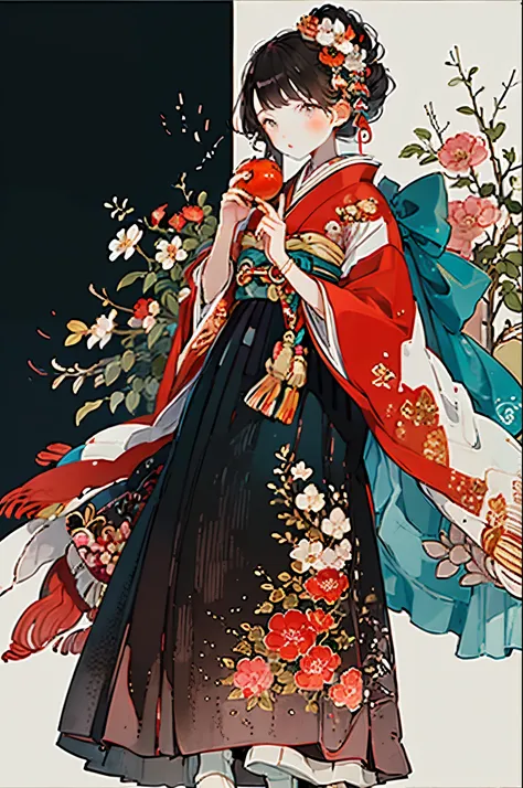 hard disk,one woman, solo, fruit, japanese dress, food, flower, kimono, hairaccessories, apple, holding food, holding fruit, hai...