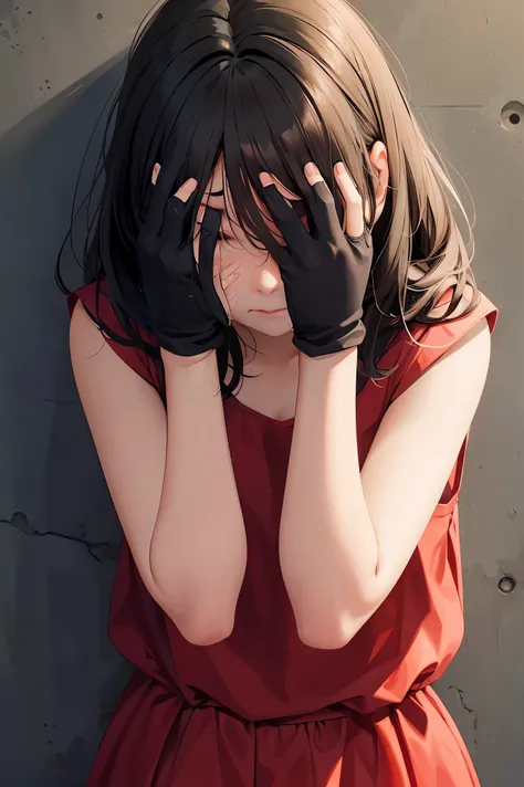 Crying girl covering her face with her hands