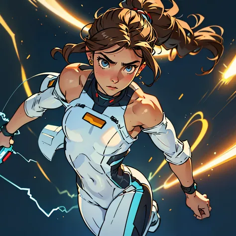 (Caucasian teenager), 18 years old, hazel eyes, (wavy brown hair), (hair tied back), medium hair, small breasts. She is wearing a white off-the-shoulder sci-fi suit, rays of electricity running through her eyes, (simple background)