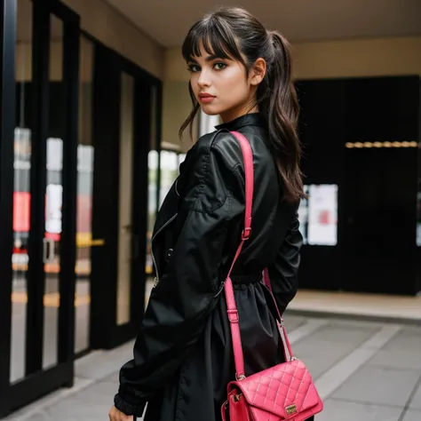 beautiful, masterpiece, best quality, extremely detailed face,  perfect lighting, 1girl, solo, sketch, marnie (pokemon), green eyes, asymmetrical bangs, backpack, bag, black choker, black jacket, blurry, blurry background, choker, closed mouth, dress, from...