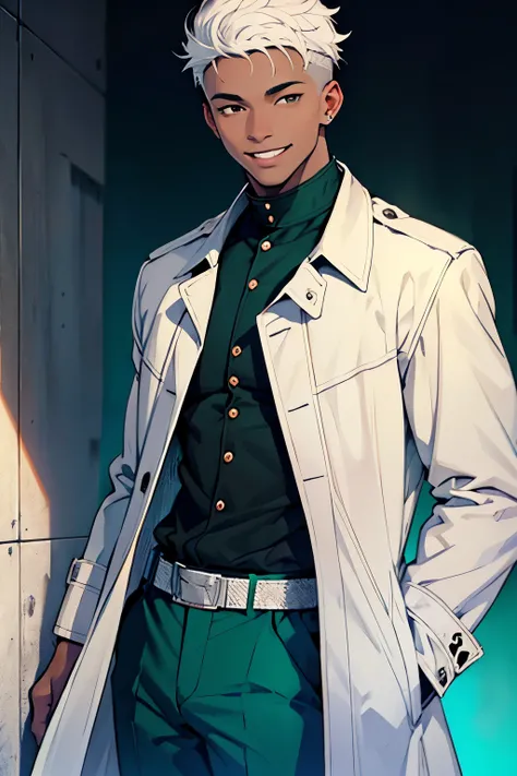 Black young man, Short hair, white hair, mid Fade, GREEN COAT, blue pants, smile, black eyes, black eyebrown, beautiful