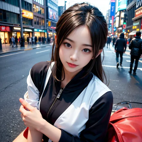 2 girls、Dotonbori Street、Osaka、A city scape、Cityscape at daytime、Bright background、full bodyesbian、a closeup、A smile、、(8K、Raw photography、top-quality、​masterpiece:1.2)、(realisitic、フォトrealisitic:1.37)、Highly detailed eyelash drawing、(((Top image quality))),...