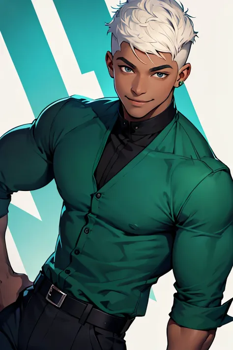 Black young man, Short hair, white hair, mid Fade, GREEN SHIRT, blue pants, smile, black eyes, black eyebrown, beautiful