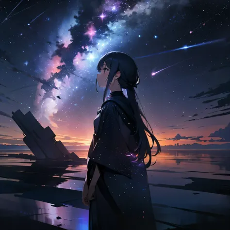 Wide sky、nigh sky、starrysky、sparkling stars々、many stars、girl standing looking up at the sky、A detailed face、high-level image quality、posterior view、looking-down、high sky、nebulas、