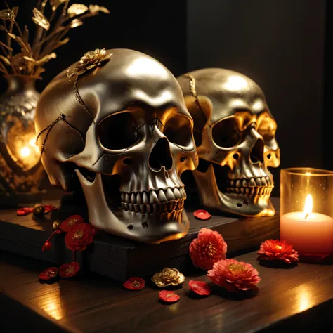 (Best Quality,8K,High resolution,masutepiece:1.2),Ultra-detailed,realistic metal skull,detailed corpse,japanese new year,Shimenawa,Kadomatsu City,ominous lighting