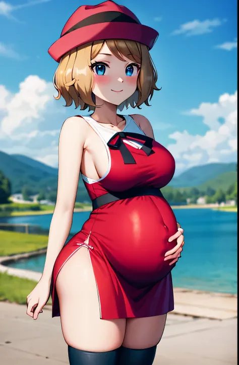 masterpiece, best quality, highres, serena (pokemon), short hair, blue eyes, 1girl, solo, blue ribbon, eyelashes, black thighs, neck ribbon, sleeveless, bangs, collarbone, bare arms, pink dress, red coat, pink hat, outdoor, standing by a lake, pregnant, bl...