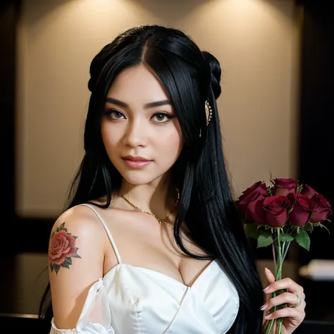 anime girl with long black hair and a white dress with red roses, tattoo, detailed beautiful eyes, guweiz, guweiz on pixiv artst...