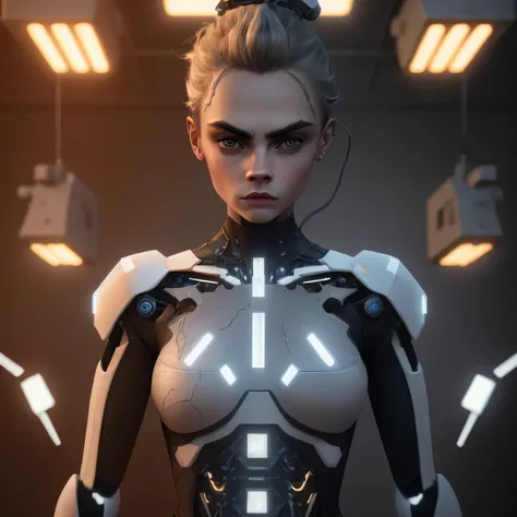 Cara Delevingne, Artstation, The body is made of a complex realistic white glow circuit. and the robot parts are covered in sheets of polished obsidian and onyx., Cinematic lighting, photorealistic portrait, unreal engine,Look straight ahead.,