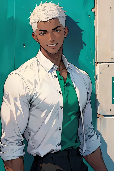 Black young man, Short hair, white hair, mid Fade, GREEN SHIRT, blue pants, smile, black eyes, black eyebrown, beautiful