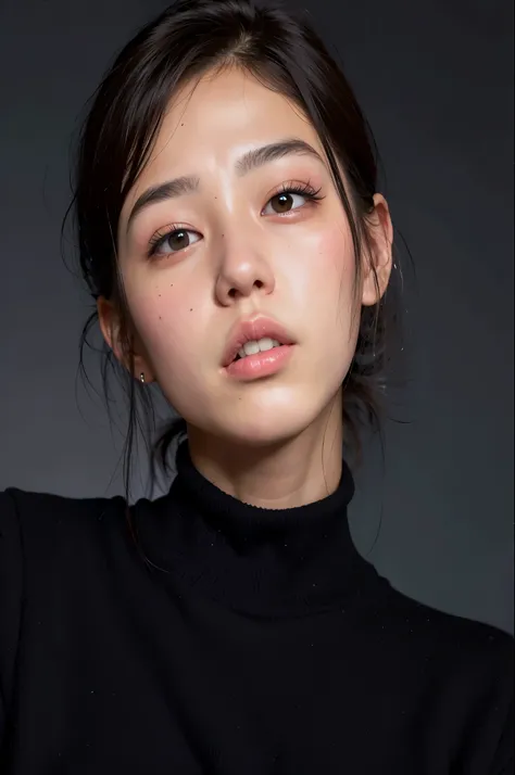 a woman in a black turtleneck sweater and a black sweater, maquiagem coreana popular, maquiagem sul-coreana popular, young adorable korean face, linda mulher coreana jovem, mulher coreana jovem bonita, Mulher sul-coreana bonita, young cute wan asian face, ...