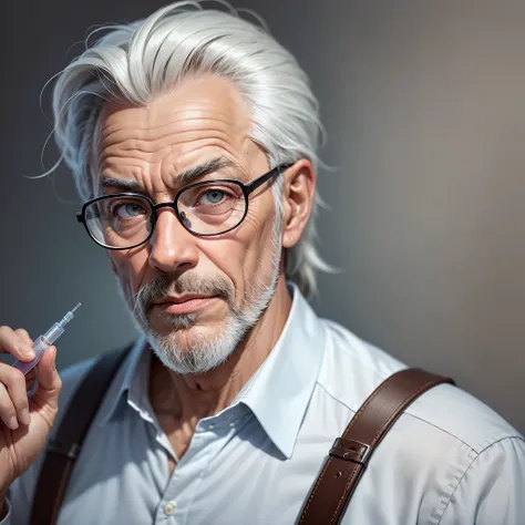 An image of a 60-year-old man with glasses, white skin, gray hair and a very short, gray beard, a nursing assistant, carrying a first aid kit. and with a syringe in his right hand. --auto --s2