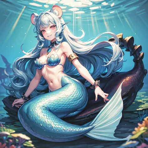 Pretty anthropomorphic mouse girl magically transformed into a beautiful mermaid, race swap, sharp teeth, is smiling, drawn in anime style, steampunk, fishlike, very long curly white hair, red eyes, white fur, slim body, whiskers, mouse ears, long cyan mer...