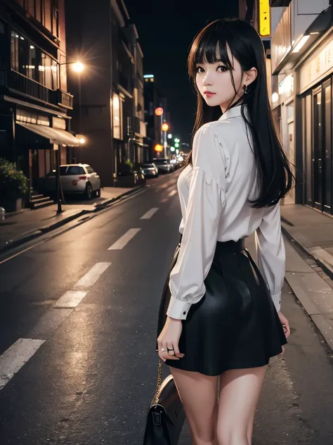 high-definition picture、Top image quality。Full body of young woman、 Cute jaw、A dark-haired、Rear view、Night time、After work、Way back、sabrina bag、White blouse、Black skirt、pumps、engagement ring、a chance reunion、Old lover、nostalgic time、Calm。