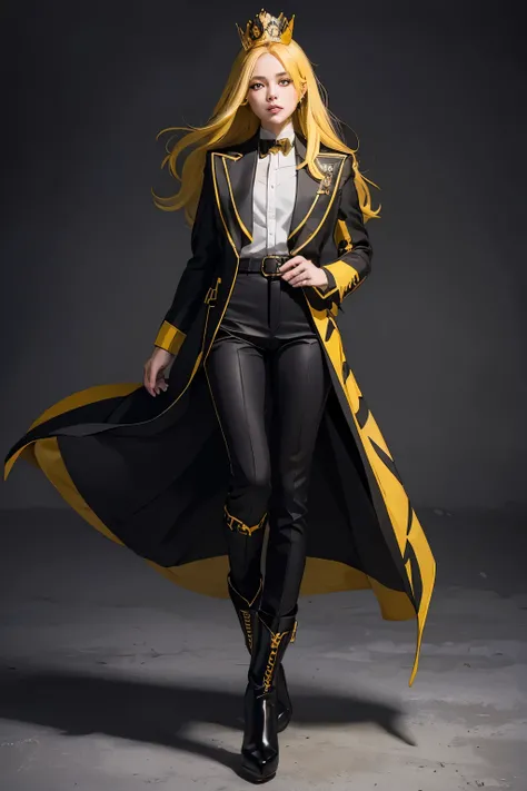 A girl, yellow eyes, black and yellow hair, queen crown, black pants, black boots, white suit, best quality, masterpiece, full body