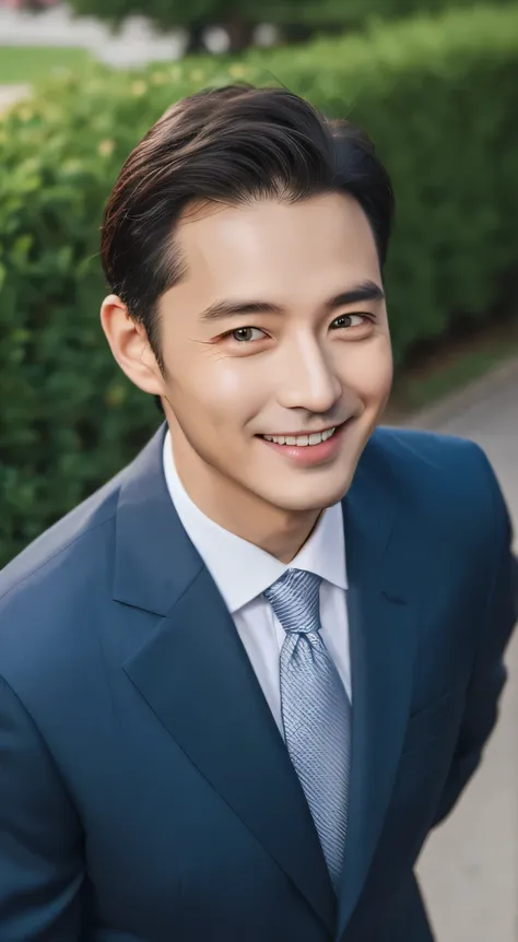 man looking at camera。smil, up to the top of the chest, suits, park background