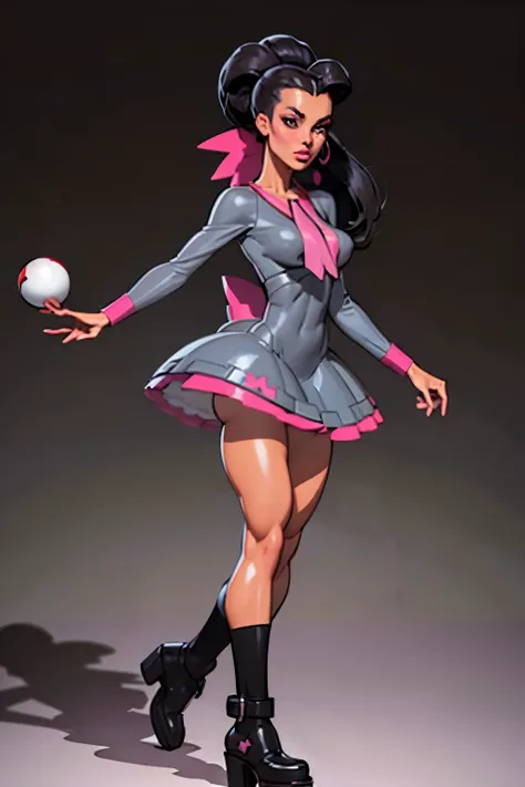 Masterpiece, Generate an illustration of a mature Roxanne, gym leader of pokemon , (lightgray dress), hd, holding a pokeball  all,  de terno preto, pink ascot,(( long black hair)), twin ponytail, shiny hair, (perky breasts:1.2), outfit in anime format with...