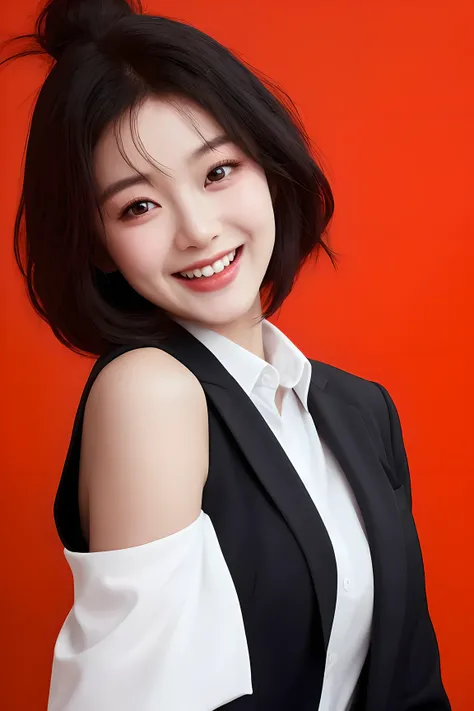 Best quality at best,  high detal, A high resolution, k hd, 16k,Close-up photo of girl with shoulder-length black short hair in suit and uniform, grin face,ultraclear, Delicate and flawless face, Really delicate skin, The beautiful, Eyes are delicate and c...