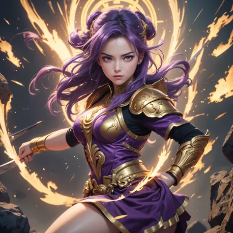 (best quality,4k,8k,highres,masterpiece:1.2),ultra-detailed, 1woman, Greek goddess Athena, purple hair, wearing golden hoplite armor with helmet, attacking pose, wielding a sear, looking at the viewer, wise, impressive, seductive eyes, in front of the Part...