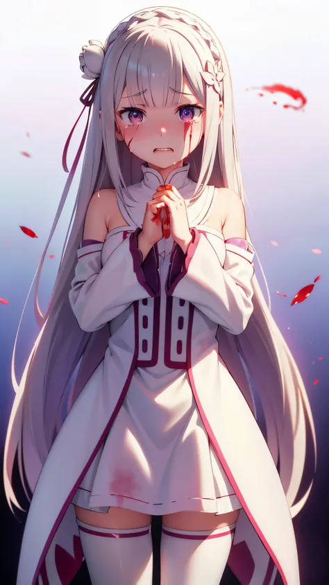 re:zero, emilia, gray hair, hair flower, masterpiece, amazing, 8k, detailed, 1girl, ((blood)), ((bleed)), (white tights), crying, tears, (blured background)