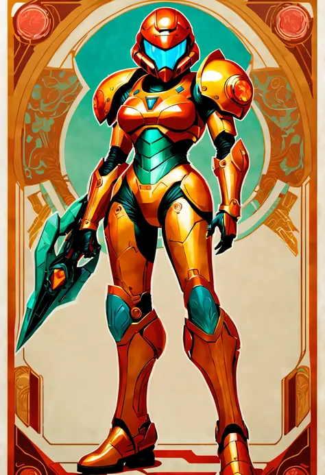 ccxl-mucha, art style,samus in full armour , metroid theme