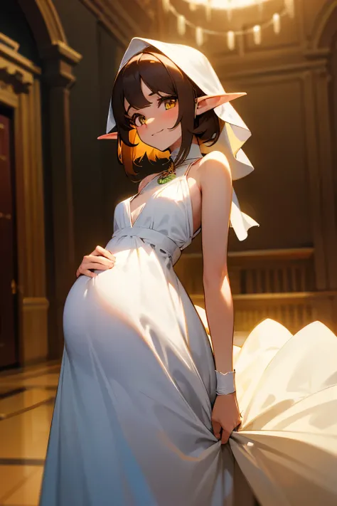 An elf girl with a tiny body and brown hair, yellow eyes, and a flat chest. She is pregnant, wearing a white wedding dress and has a extremly happy expression. The girl is standing in a room and looking directly at the viewer. The image should be of absurd...