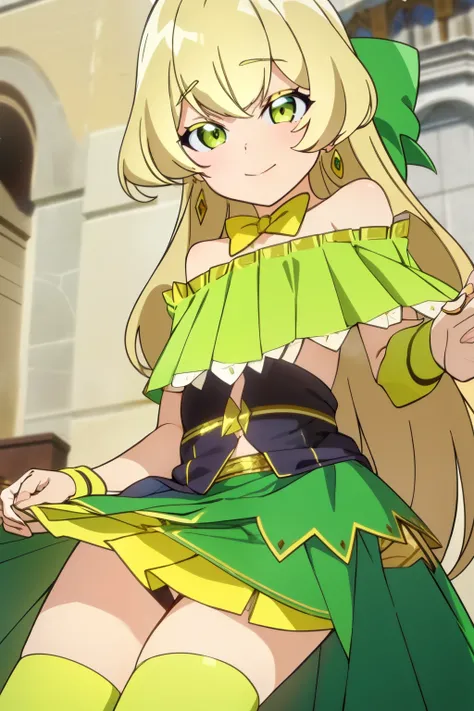 teles, (masterpiece), best quality,  earrings, jewelry, blonde hair, long hair, green eyes, 1girl, looking at viewer, closed mouth,  naked body, bow, solo, bare shoulders, bangs, yellow bow, green dress,  skirt lift, wicked 
smile , petite, waruochi