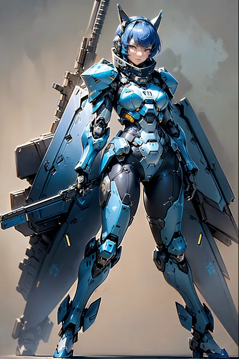 (super fine, extremely detailed, a heavy mech, hard surface),(concept art:1.1),(Armored Core Style:0.8), A woman wearing SWAT robo armor is standing,(dark blue body:1.1),(long legged:1.1),(Equipped with rifle and shield:1.1),(A detailed face:1.1),(Detailed...