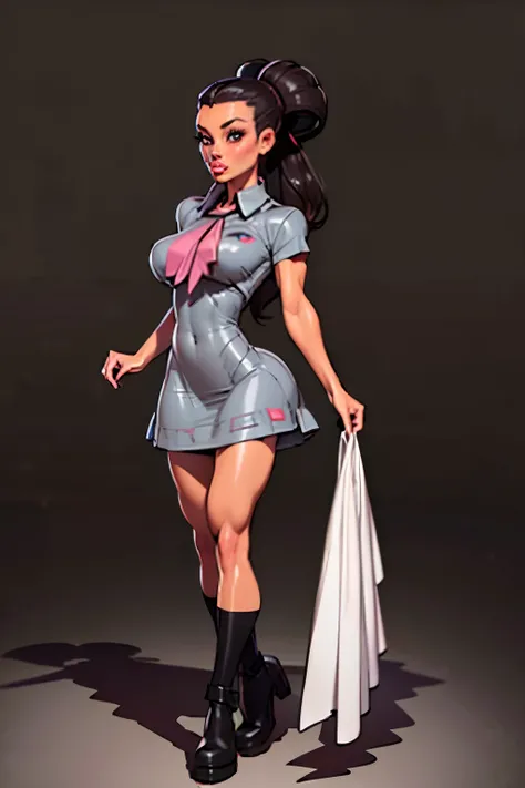 Masterpiece, Generate an illustration of a mature Roxanne, gym leader of pokemon , (lightgray dress), hd, holding a pokeball  all,  de terno preto, pink ascot,(( long black hair)), twin ponytail, ((detailed face)),shiny hair, (perky breasts:1.2), collared ...