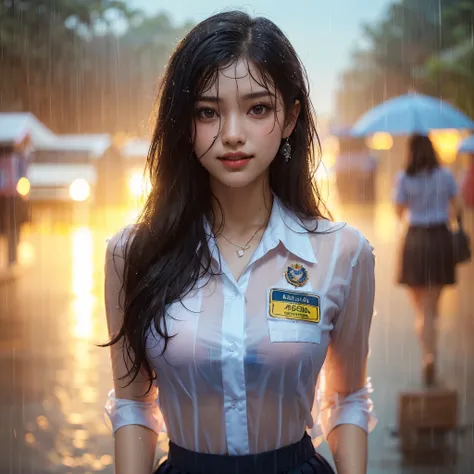 realistic art, there is a woman with large breast in a indonesian school uniform standing in the rain, wet used shirt with name tag Aidelia,detail bra under wet shirt,  pretty girl standing in the rain, after rain and no girls, raining, girl wearing unifor...