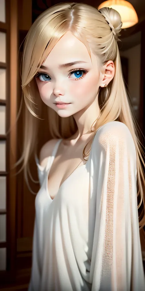 cute girl, (ash blond hair), ((very bun hair)), perfect face, innocent smile, upper body,(cerulean eyes), (yan), (petite), (slen...