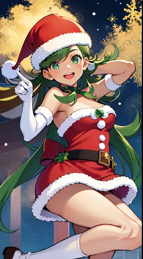 1girl, solo, masterpiece, best quality, high res, highly detailed, (illustration), beautiful detailed eyes, zodiac_mallow, green hair, dark skin,twin tails, glossy lips, makeup, smile, long white satin elbow gloves, cowboy shot, (santa), (Perfect bright re...