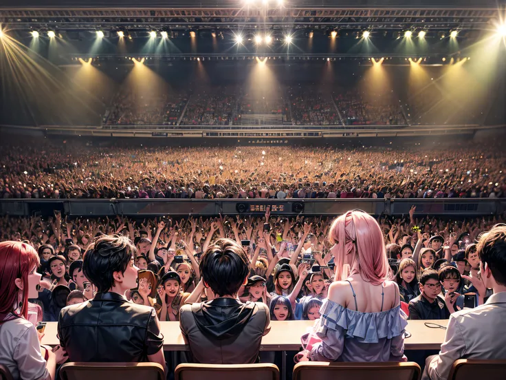 masterpiece，HighestQuali，Three men and two women，Sit in front of the crowd，excited expression，Concert scene，light stick，Aid lights，Sit on a bench in front of the crowd