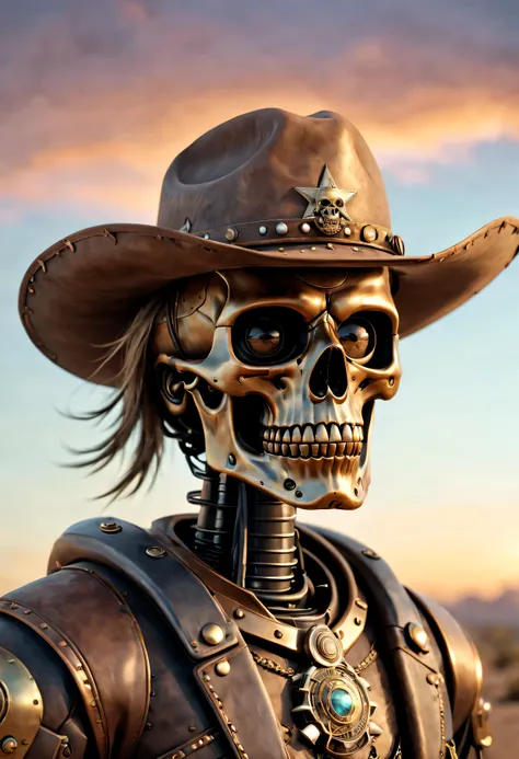 Skull Face Robot Cowboy Sheriff,3D rendering art,(Best quality at best,4K,8K,A high resolution,tmasterpiece:1.2),ultra - detailed,(actual,photoactual,photo-actual:1.37),dark and gritty,Sci-fi Westerns,hazy sunset light,Aged brass and worn leather,Ethereal ...