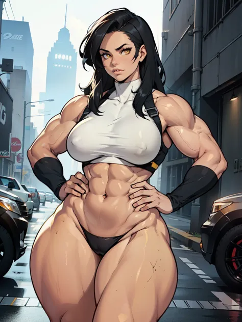 ((girl muscular toned body perfect anatomy large breasts thick thighs wide hips thin waist curvy athletic)) black hair yellow eyes pale skin