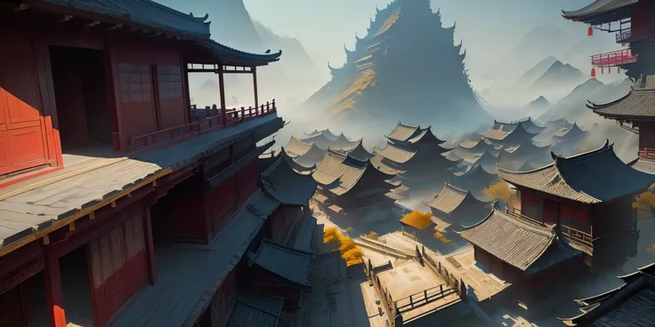 Chinese loft landscape, ink painting, color dull, cool tone, martial arts movie story style, highly detailed, dynamic, epic, realistic lighting and shadows, inspired by Jin Yong, vibrant, 8k, Octane rendering, Unreal Engine, very detailed , Concept Art, Re...