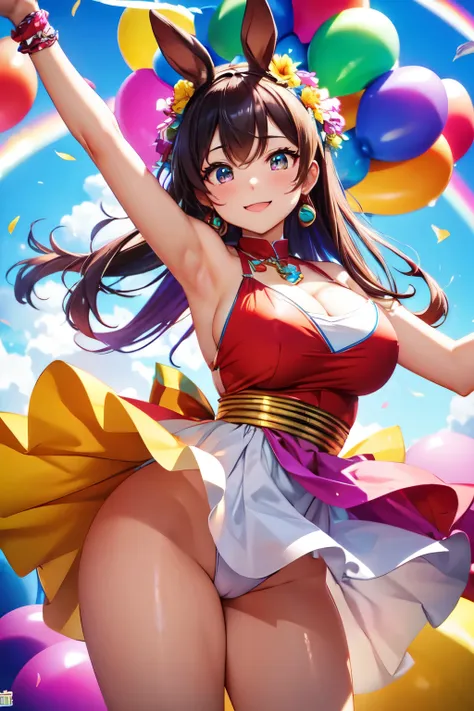 (High quality, High resolution, Fine details), multicolored balloons, brightly colored balloons, dancing in the air, colorful dress, solo, curvy women, flowing hair, sparkling eyes, (Detailed eyes:1.2), (smile), blush, Sweat, Oily skin, shallow depth of fi...