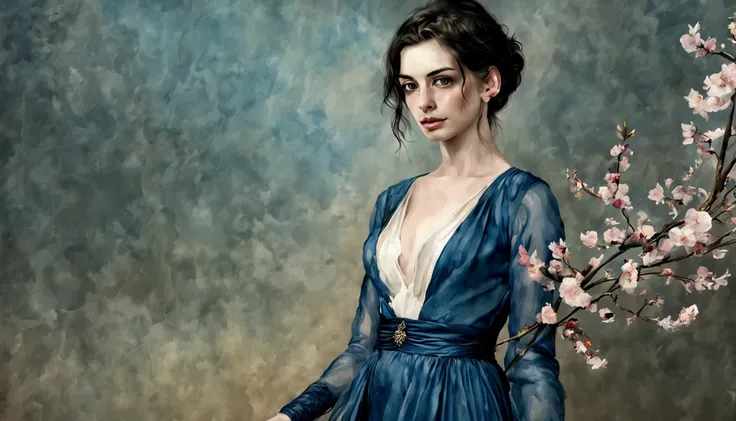 1 girl "Anne Hathaway com vestido branco e azul escuro longo", （Jogo King Card:1.5, simetria rotacional),Stephen Gammell,(cowboy shot), Minimalist compositions, requintada armadura de cristal，Fio Eletroluminescente, magic sparks, enchanted magical fantasy....