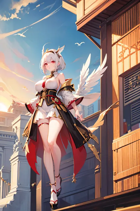 4K,hight resolution,One Woman,White hair,Shorthair,Red Eyes,Colossal tits,valkyrie,black holy armor,Winged headgear,jewel decorations,Gold decoration,Temple in the Sky,Sunset sky