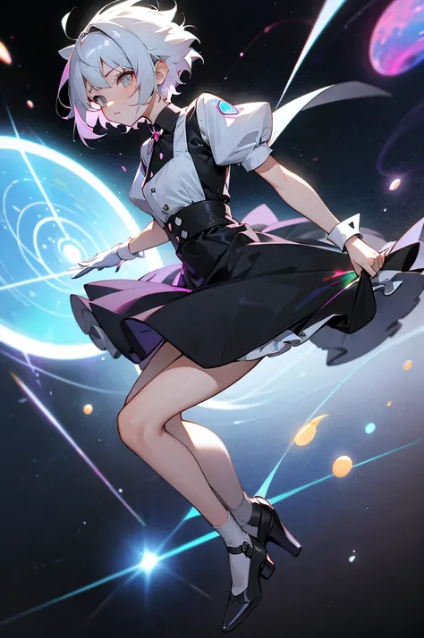 maid clothes,Dynamism、blast、 female pervert ,full body Esbian、 short-haired, Gray hair color,, White-eyed, mobster、 cosmic space、neon laser