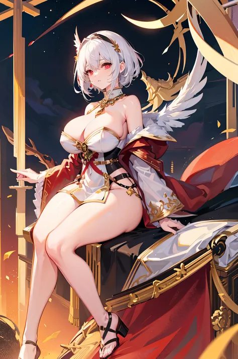 4K,hight resolution,One Woman,White hair,Shorthair,Red Eyes,Colossal tits,valkyrie,black holy armor,Winged headgear,jewel decorations,Gold decoration,Temple in the Sky,Sunset sky